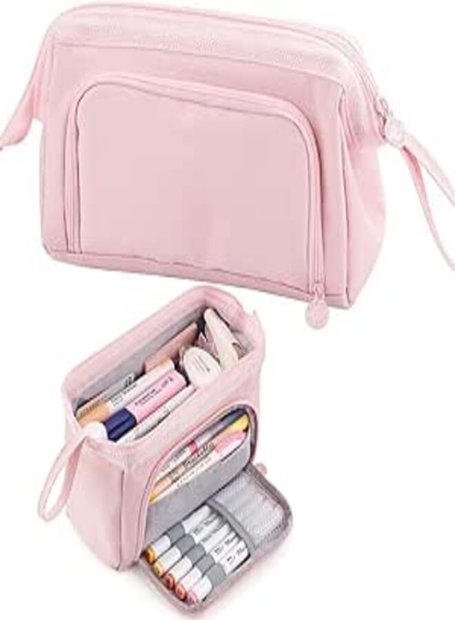 Large Capacity Pen Pencil Case, Storage Pouch, Stationery Pen Bag, Office Supplier Holder Box Organizer, Marker Zip Case With Carry Handle for School Students Teens Girls Adults-Pink